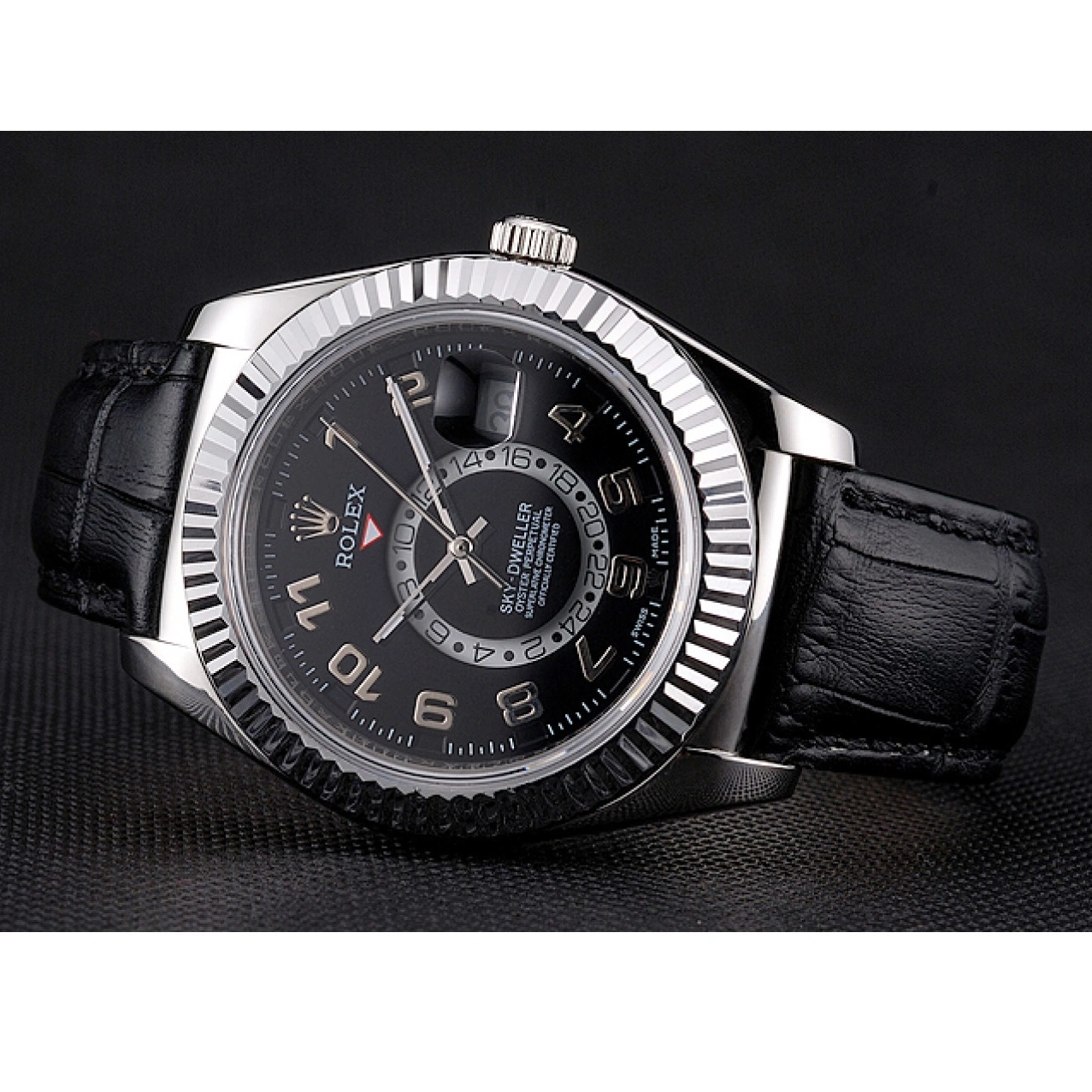 Aaa replica watch Dial Dweller Steel Black Leather Black Rolex Strap Stainless Sky Case 0729